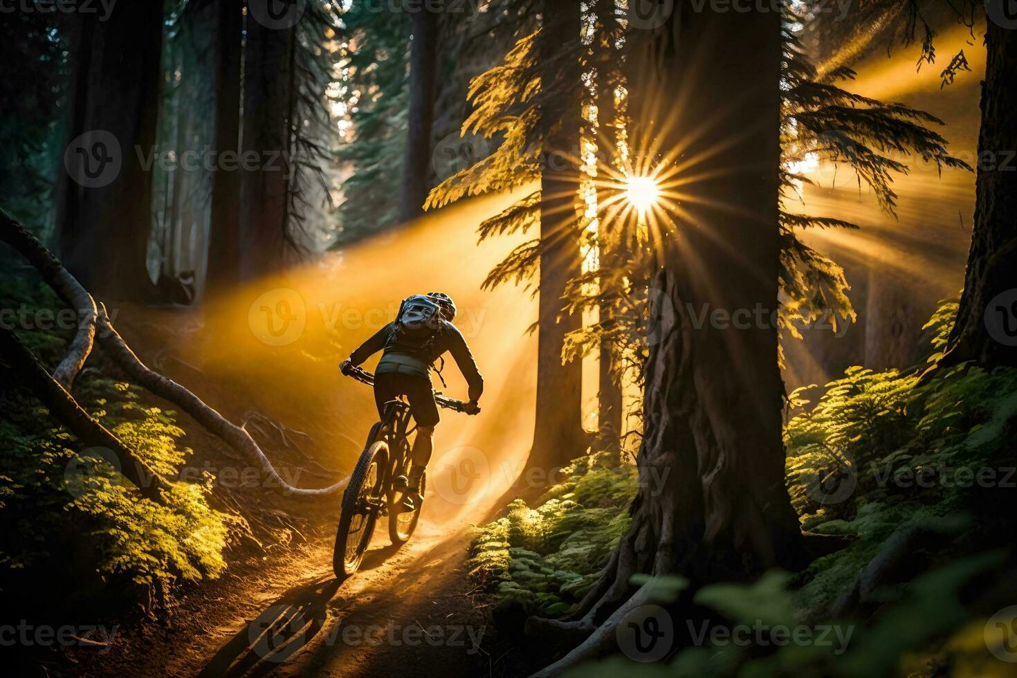 Generative AI.Mountain Bike Adventure Riding through a Scenic Forest at Sunset photo