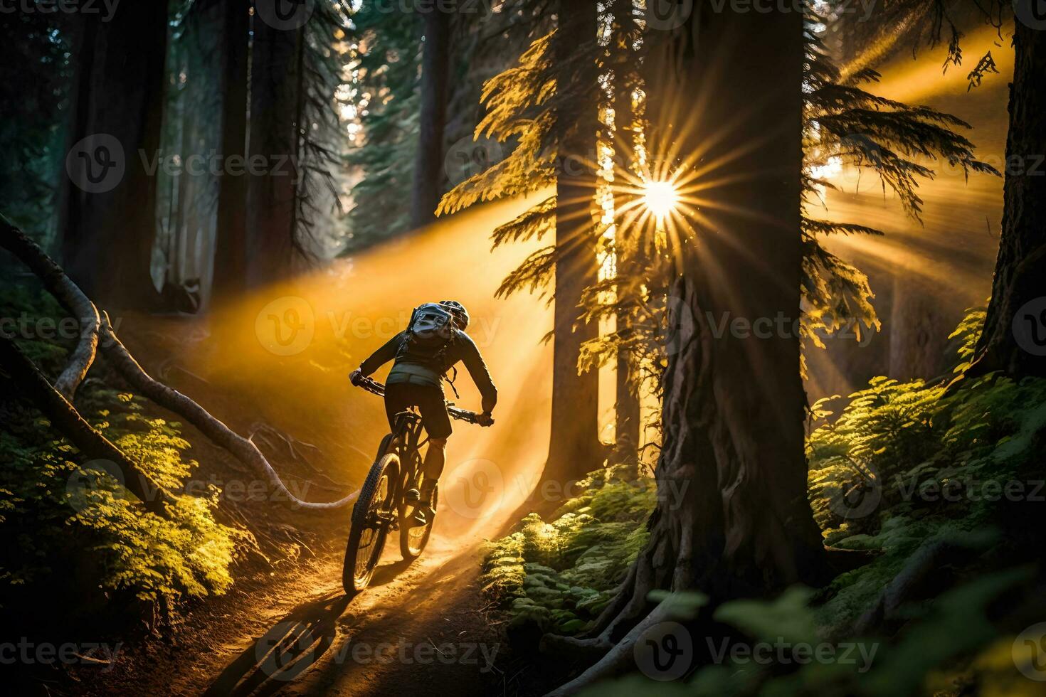 generativo ai.montaña bicicleta aventuras montando mediante un escénico bosque a puesta de sol foto