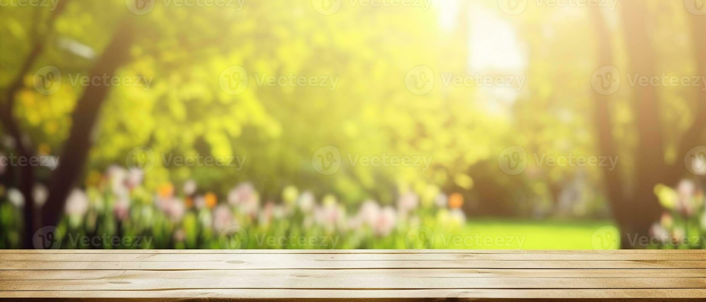 generative AI. Serenity in Springtime Empty Wooden Table in Garden photo