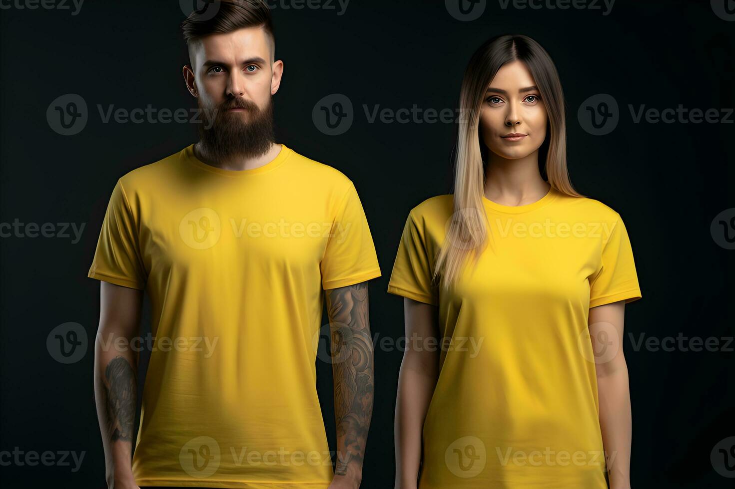 Generative AI. Blank Yellow T-Shirt Mockup on Male and Female Model Showcase Your Designs in Style photo