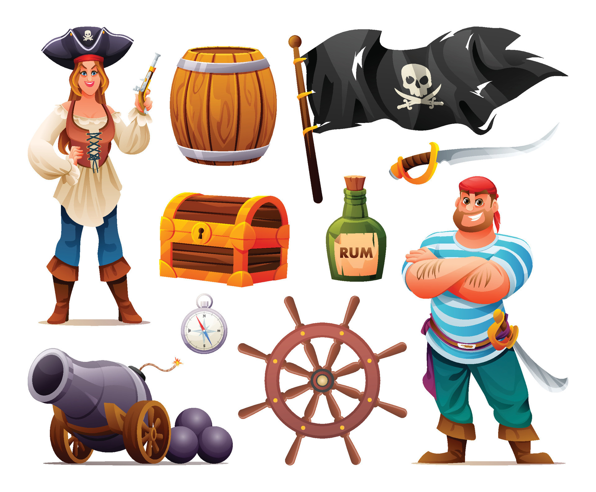 ilustración vectorial de accesorios piratas. conjunto vectorial de accesorios  piratas. barco pirata, ron, bandera, volante, espada. 5456415 Vector en  Vecteezy