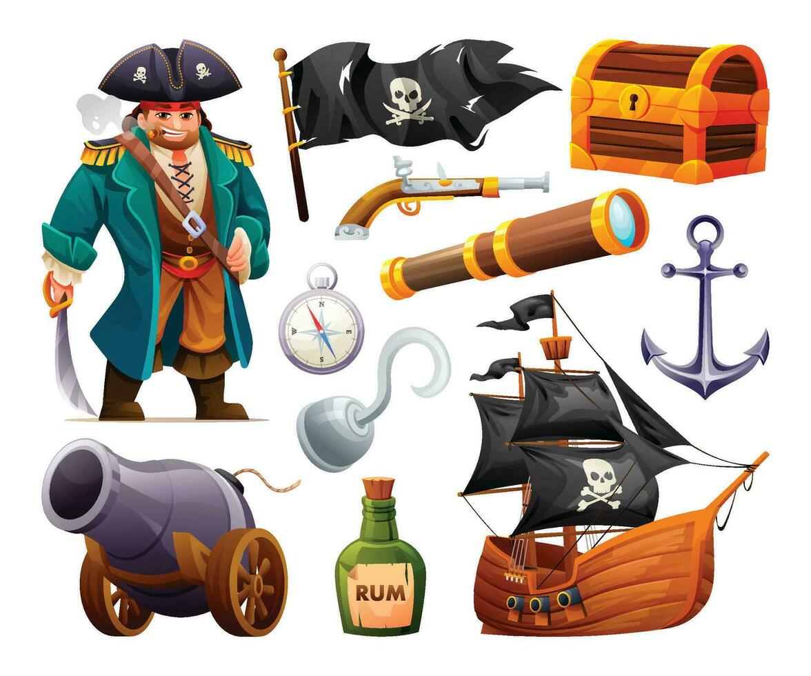 Set of pirate character, flag, spyglass, treasure chest, cannon and ship. Pirate elements vector cartoon illustration