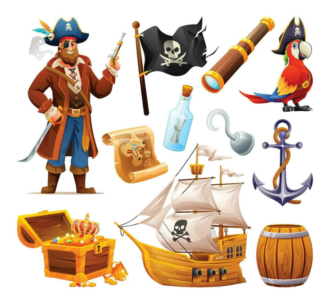 Set of pirate character, flag, parrot, treasure chest and ship. Pirate elements vector cartoon illustration