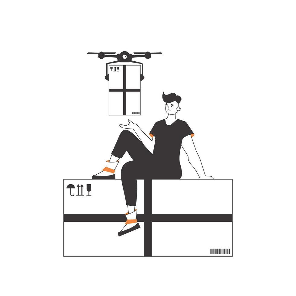A man delivers a package by drone. Air delivery concept. Linear style. Isolated on white background. Vector illustration.