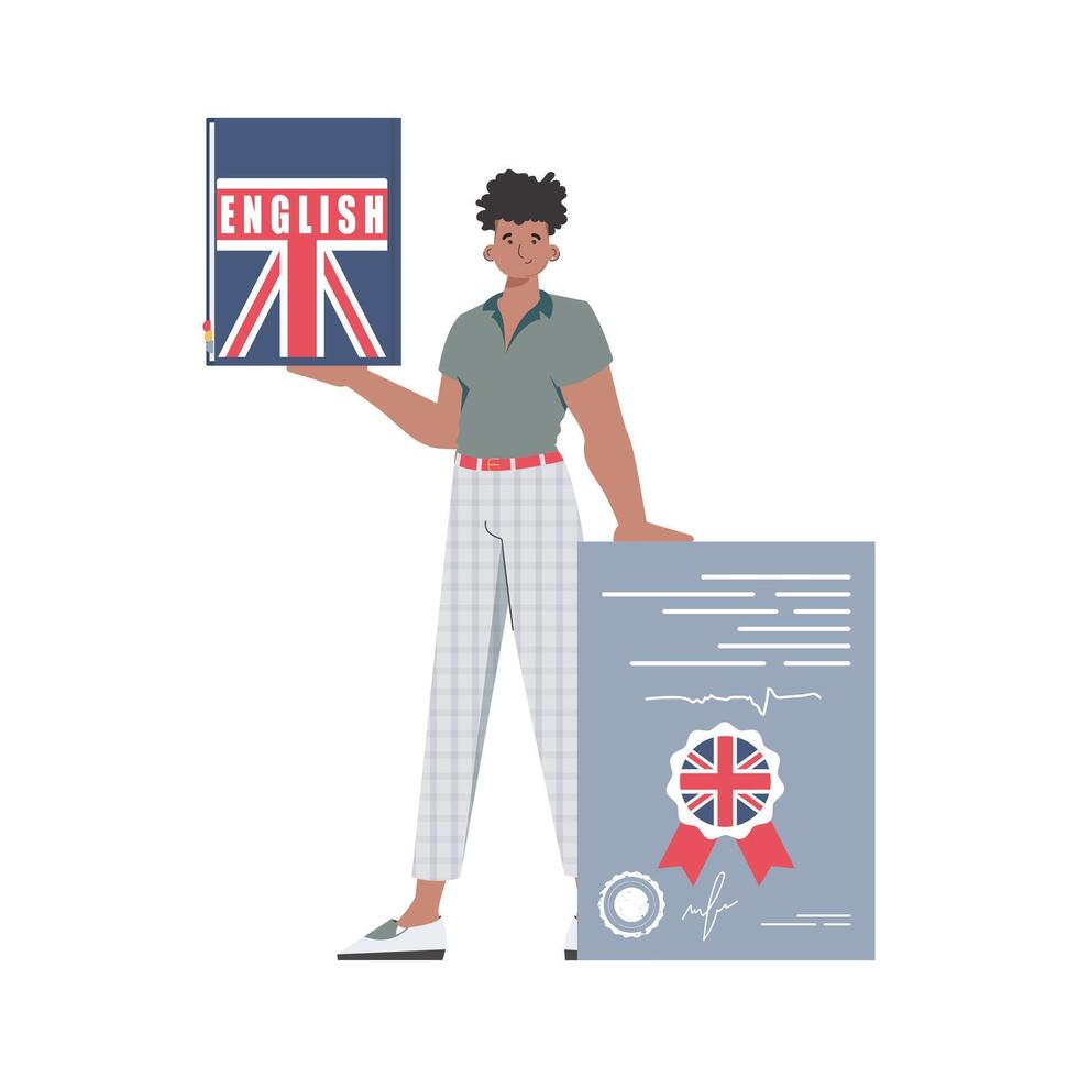 un hombre sostiene un Inglés diccionario y un certificado en su manos. el concepto de aprendizaje inglés. aislado. plano moderno estilo. vector ilustración.