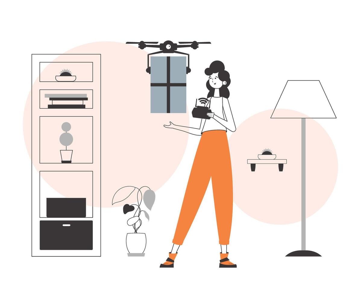 The girl delivers the package by drone. Air delivery concept. Minimalistic linear style. vector