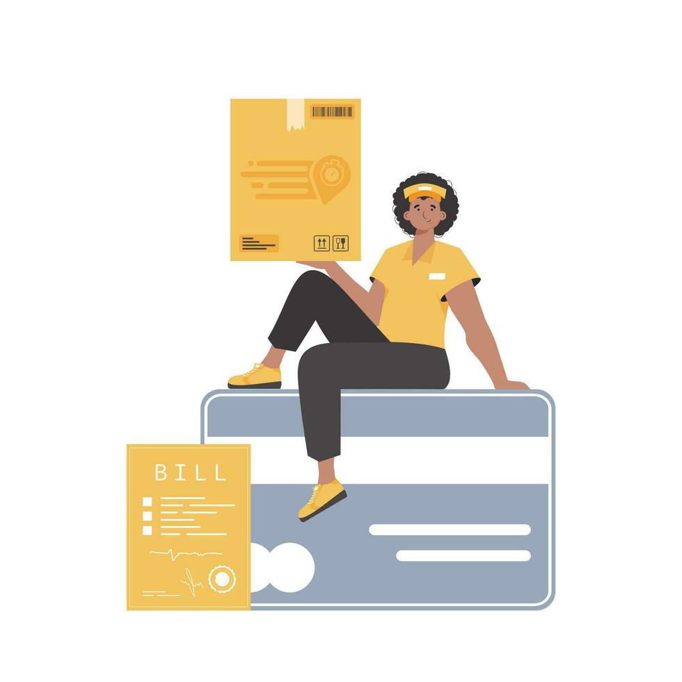 A male courier sits on a bank card and holds a box. Delivery concept. Isolated. Trendy flat style. Vector. vector