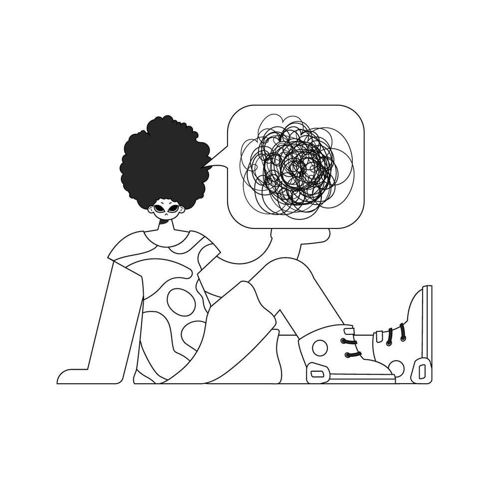 Anxious man showing confused thoughts. Theme of psychology. Linear black and white style. vector