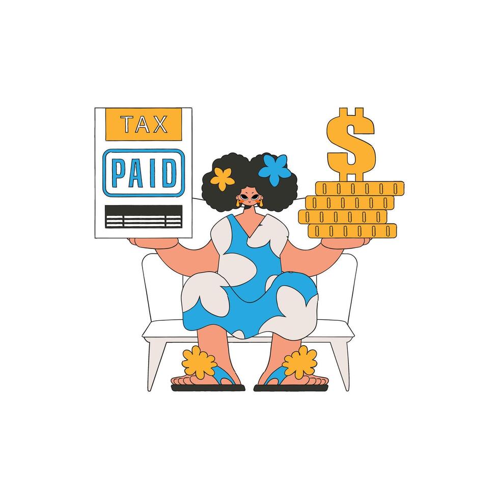 A graceful woman is holding a tax form and coins in her hands. The topic of paying taxes. vector