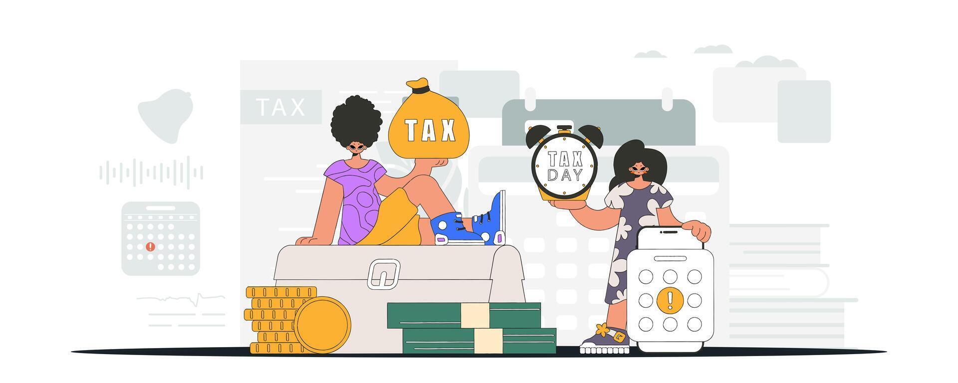 Fashionable guy and girl are engaged in paying taxes. An illustration demonstrating the correct payment of taxes. vector