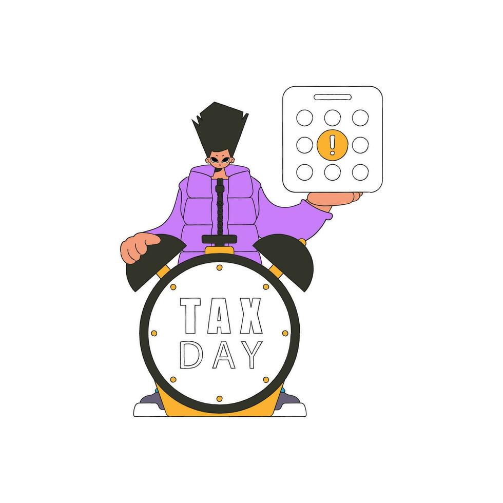 Modern man with calendar and alarm clock. The topic of paying taxes. vector