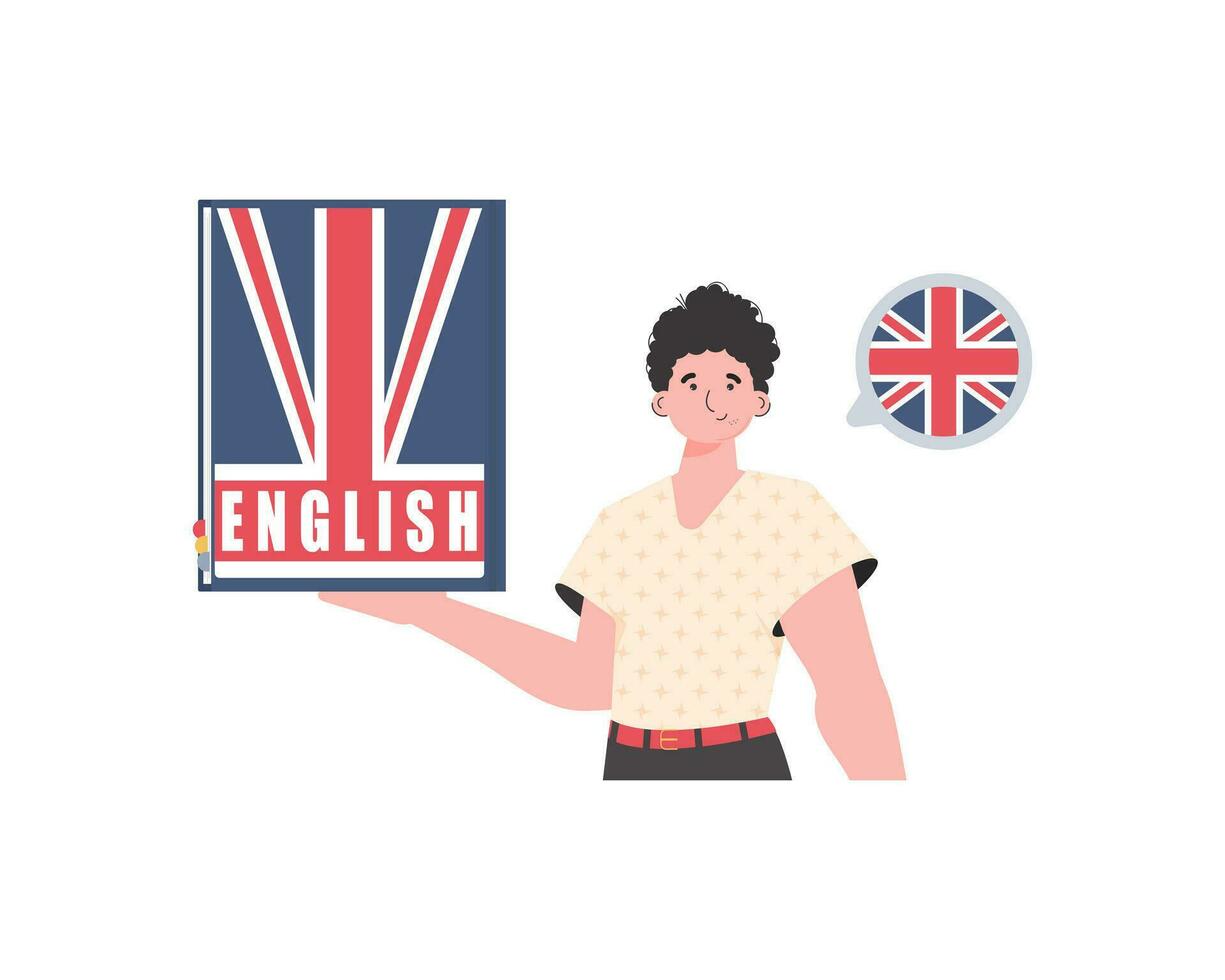 A man holds an English dictionary in his hands. The concept of learning English. Isolated. Trendy cartoon style. Vector. vector