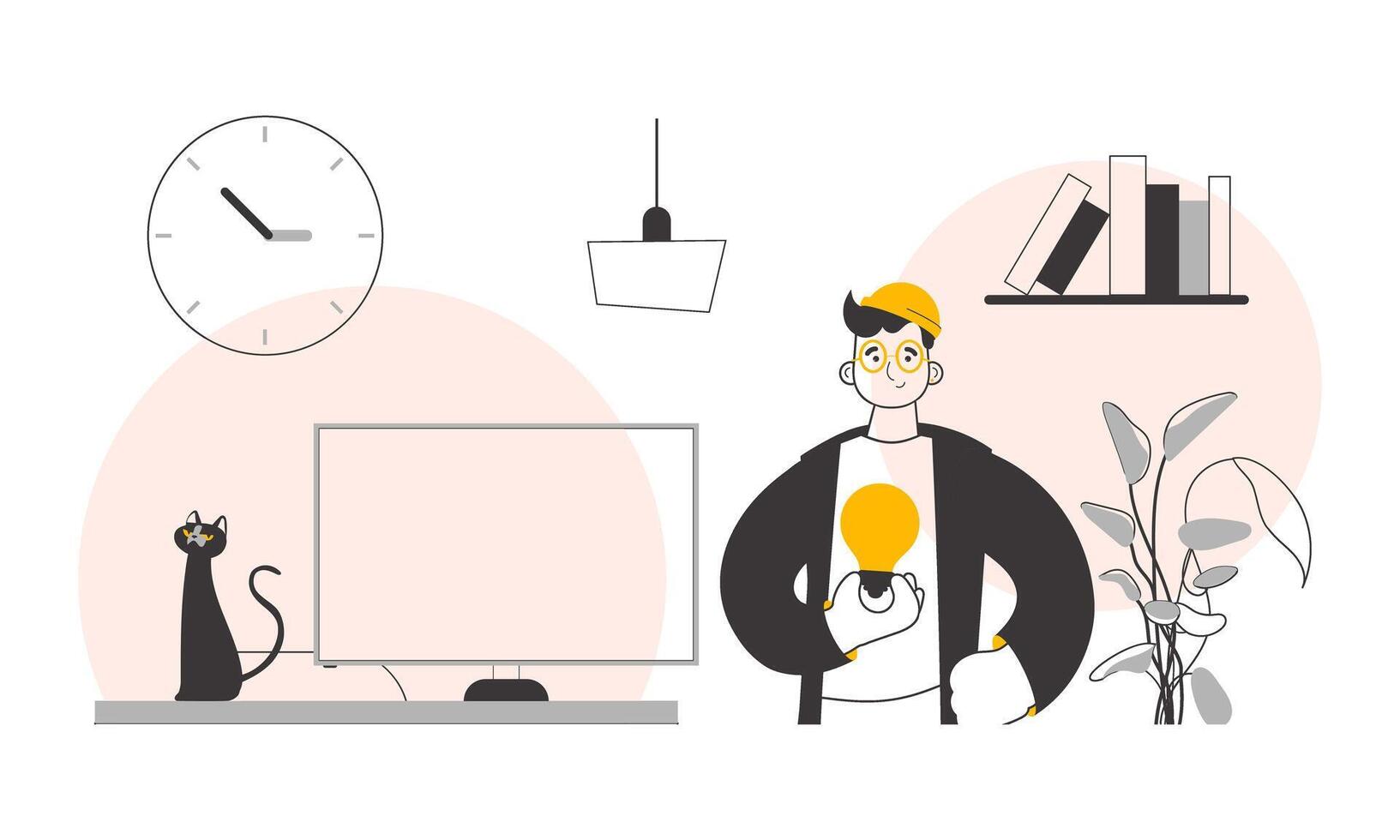 Guy and light bulb. Idea concept. . Line art style. vector
