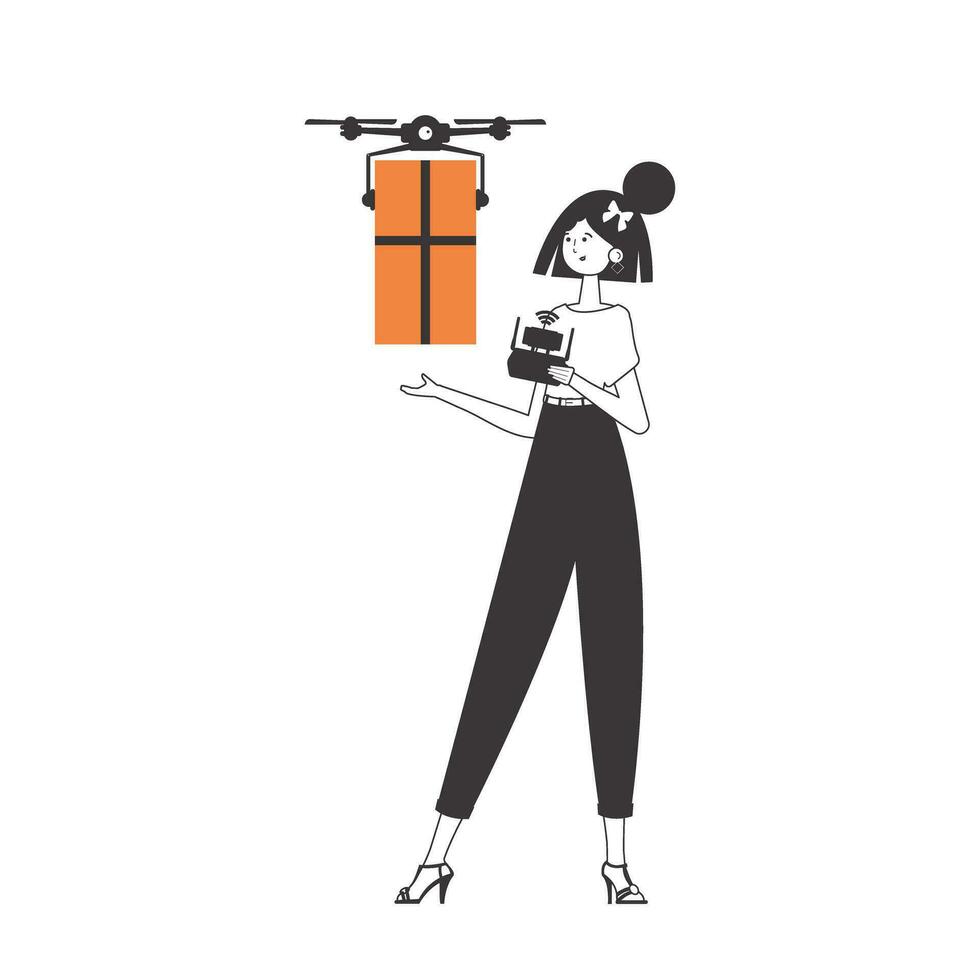 The girl sends a parcel with a drone. The concept of cargo delivery by air. Minimalistic linear style. Isolated on white background. Vector illustration.