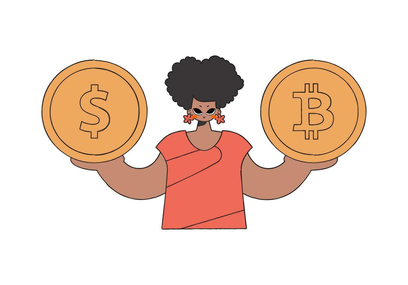 Woman holding bitcoin and dollar coin. Character trendy style. vector