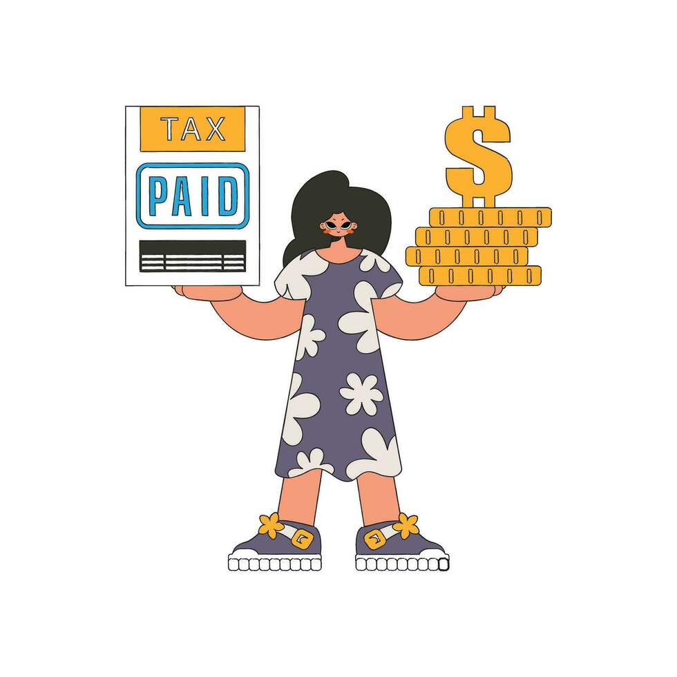 Stylish woman holds a tax form and coins in her hands. The topic of paying taxes. vector