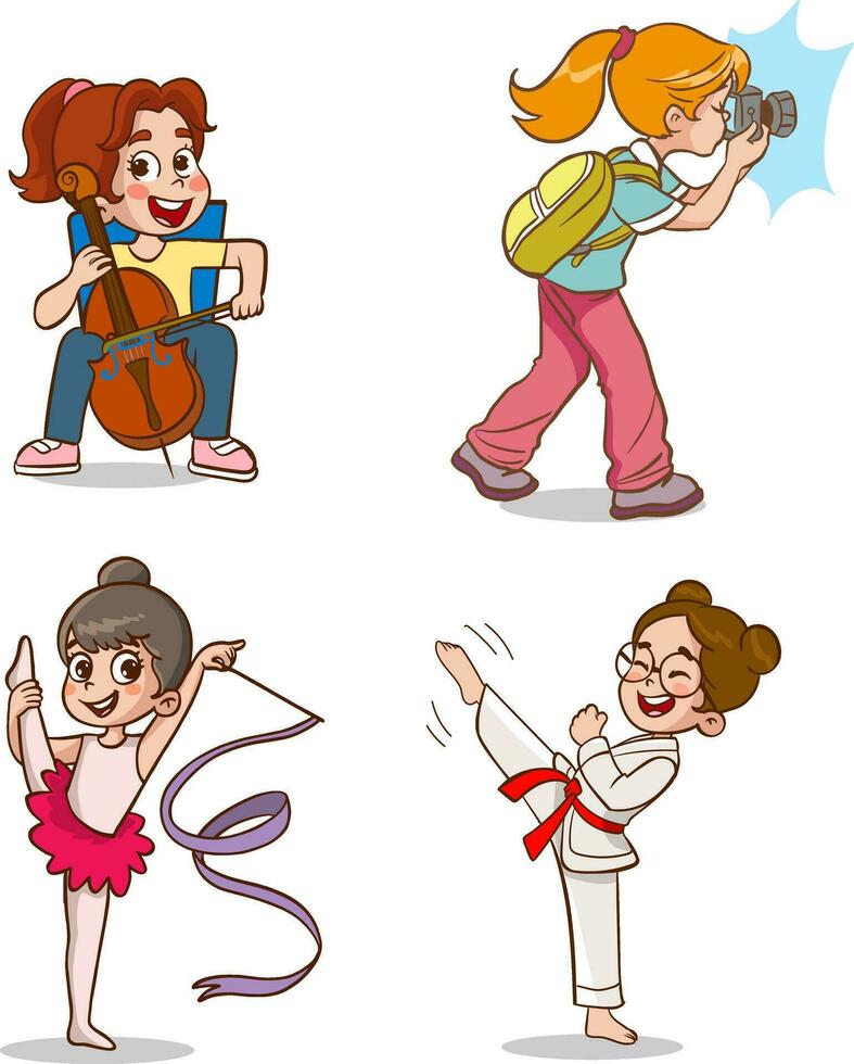 Vector illustration of children doing various sports and arts.