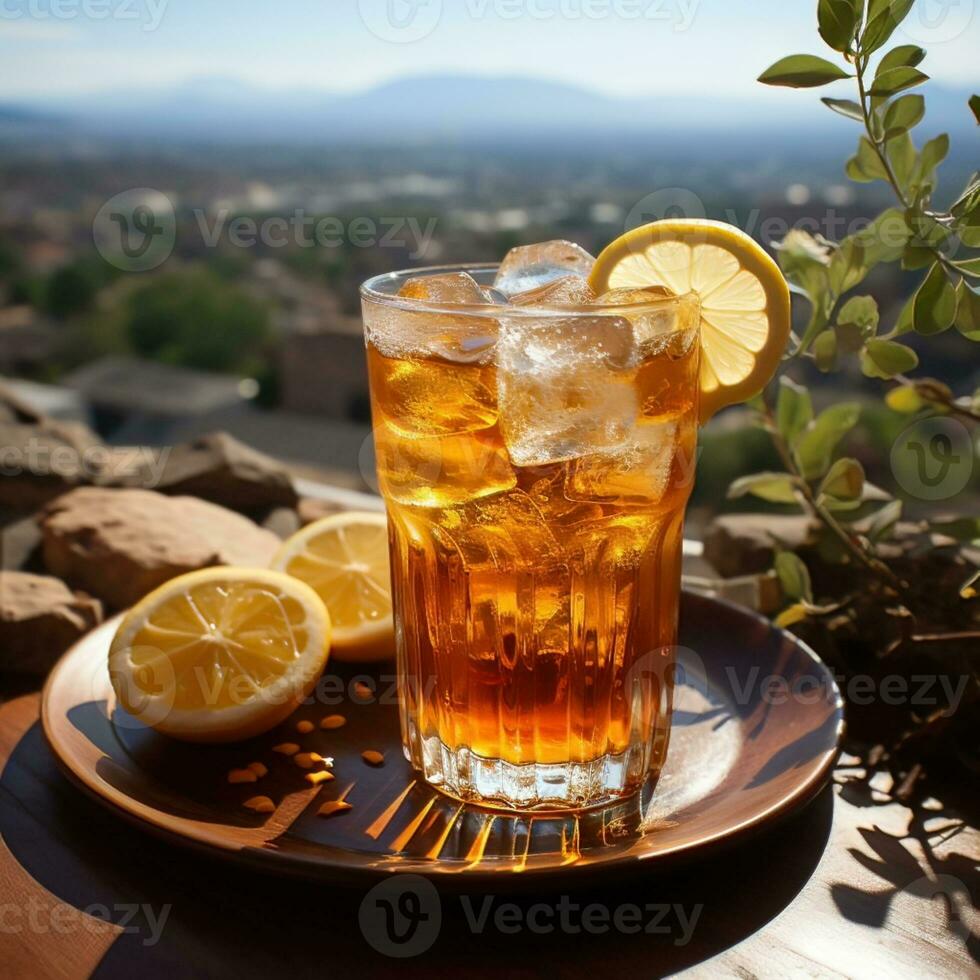 Lemon squeezed lifestyle healthy and diet drink on table, refreshing drink improves mood and prevents free radicals. Great for websites, businesses, social media etc. Ai generative image photo