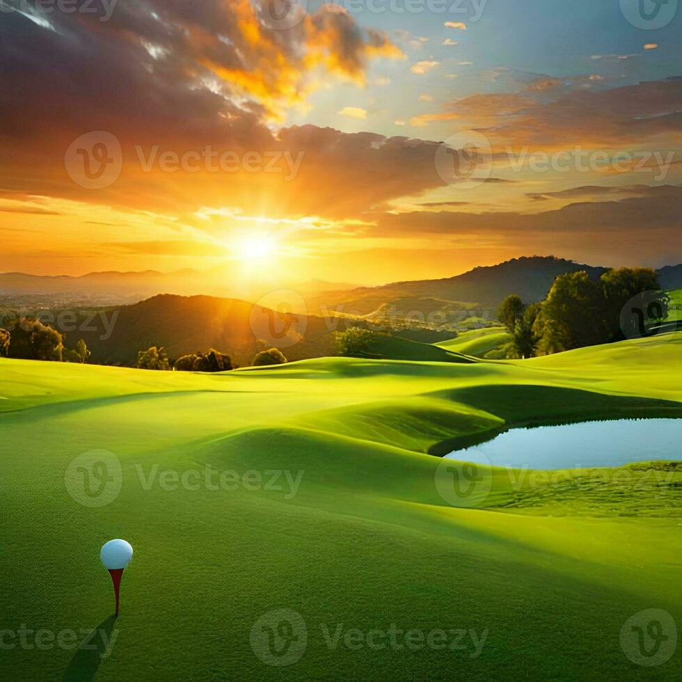 Golf balls in a vast meadow with exotic natural beauty and sunset objects, great for sports, websites, hobbies, blogs, business, companies etc. Ai generated image concept photo