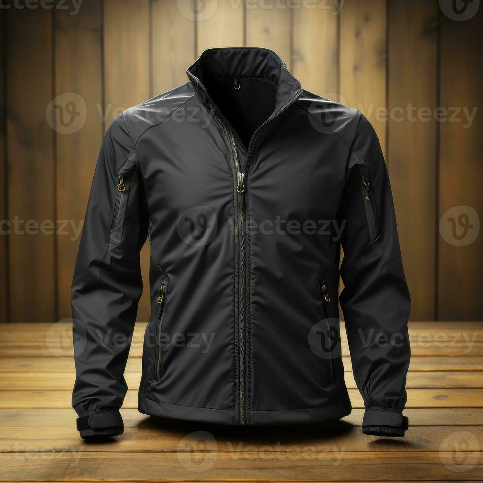 Fabric men's jacket in black muted colors, background for mockup, textile, garment, fashion material, inspiration, garment factory, sewing design. Generative Ai Images photo