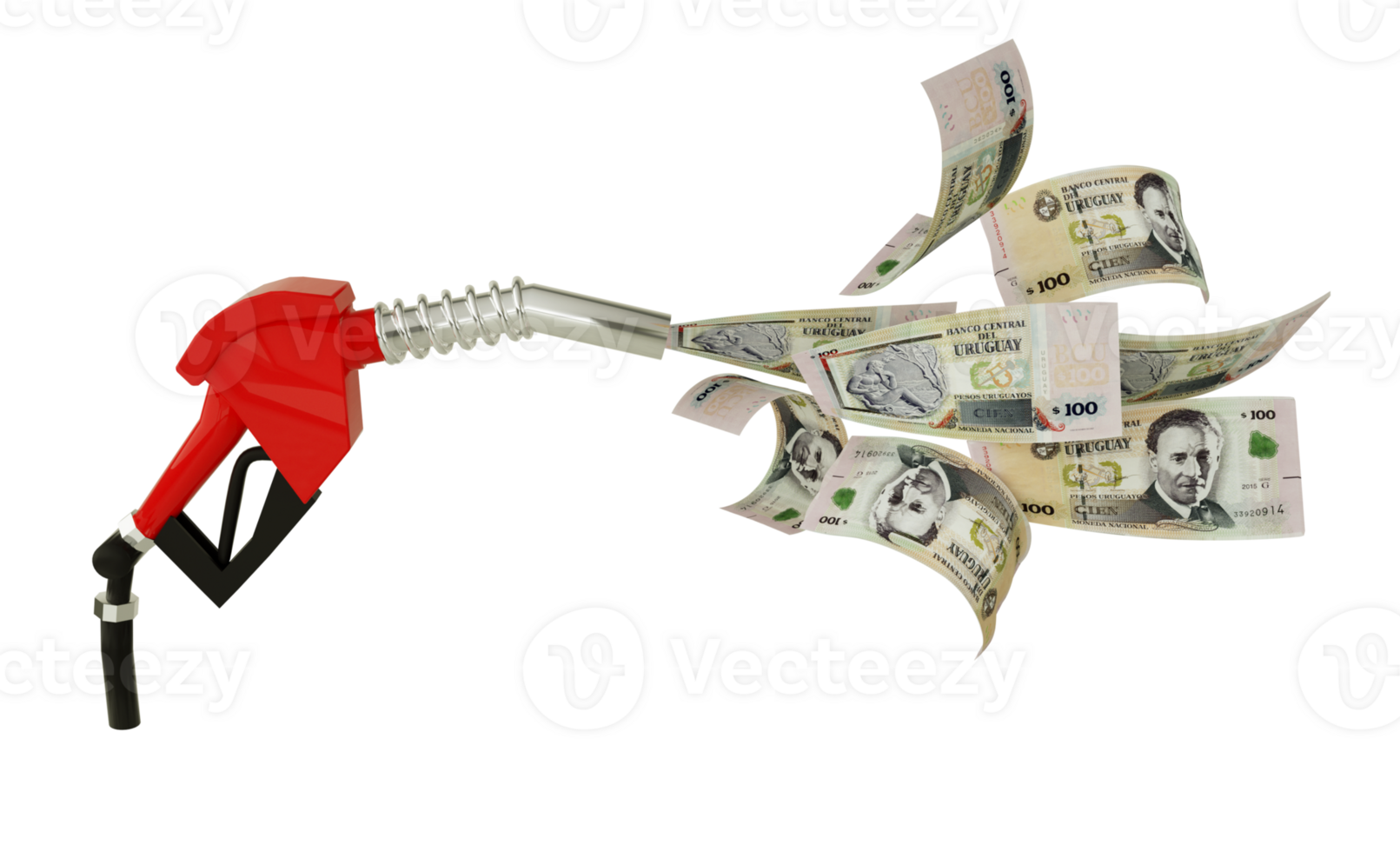 3d rendering of 100 Uruguayan Peso Uruguayo notes coming out from fuel pump. red fuel nozzle with Uruguayan Peso Uruguayo flying around png