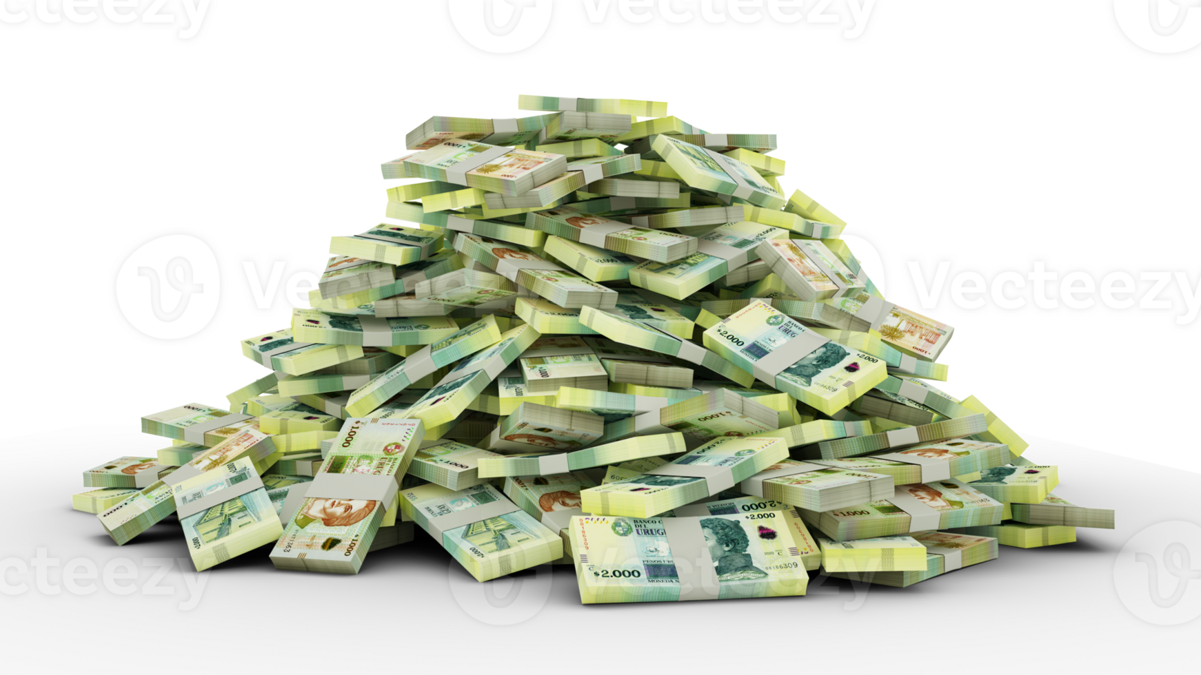 Big pile of stacks of Uruguayan peso notes a lot of money isolated over transparent background. 3d rendering of bundles of cash png