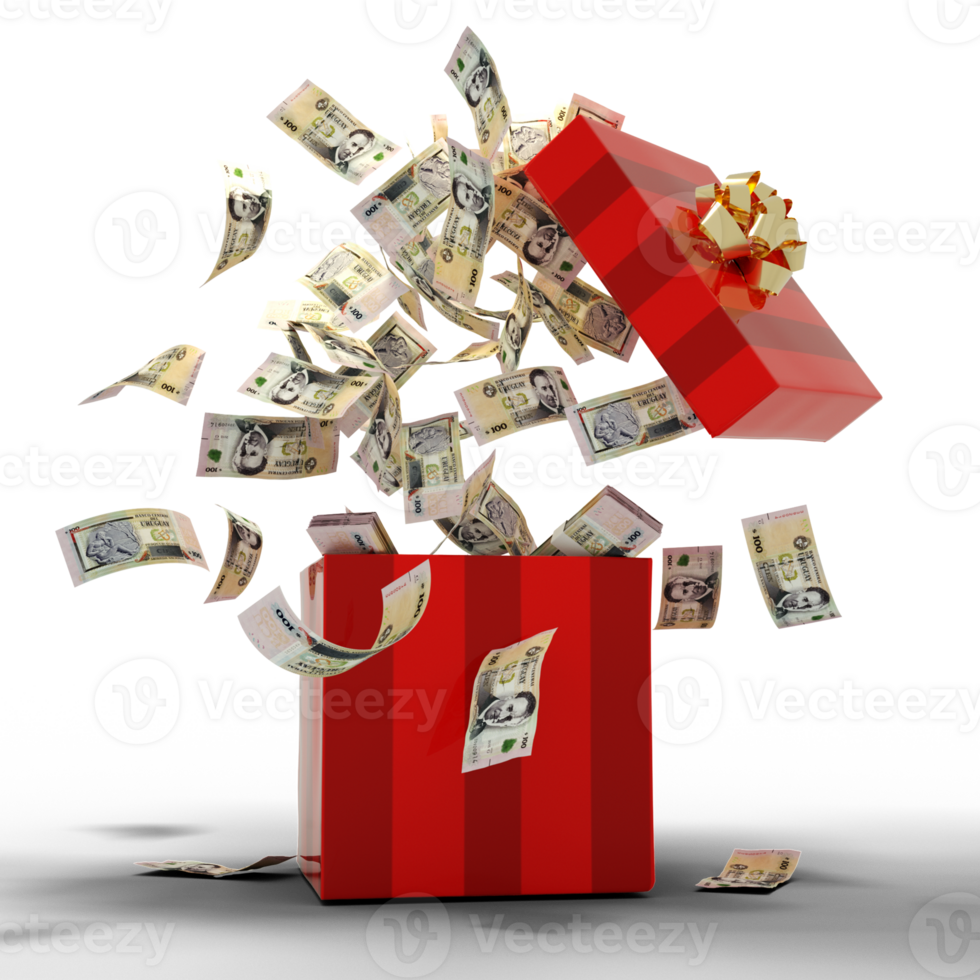 3D rendering of A lot of 100 Peso Uruguayo notes coming out of an opened red gift box png