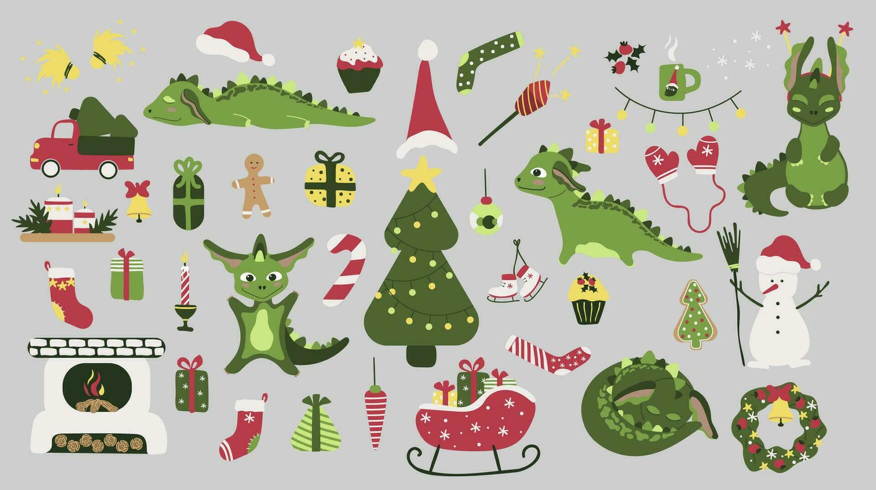 Christmas set with green dragons. New Year Clip art, stickers. Dinosaurs. Chinese New Year 2024 vector
