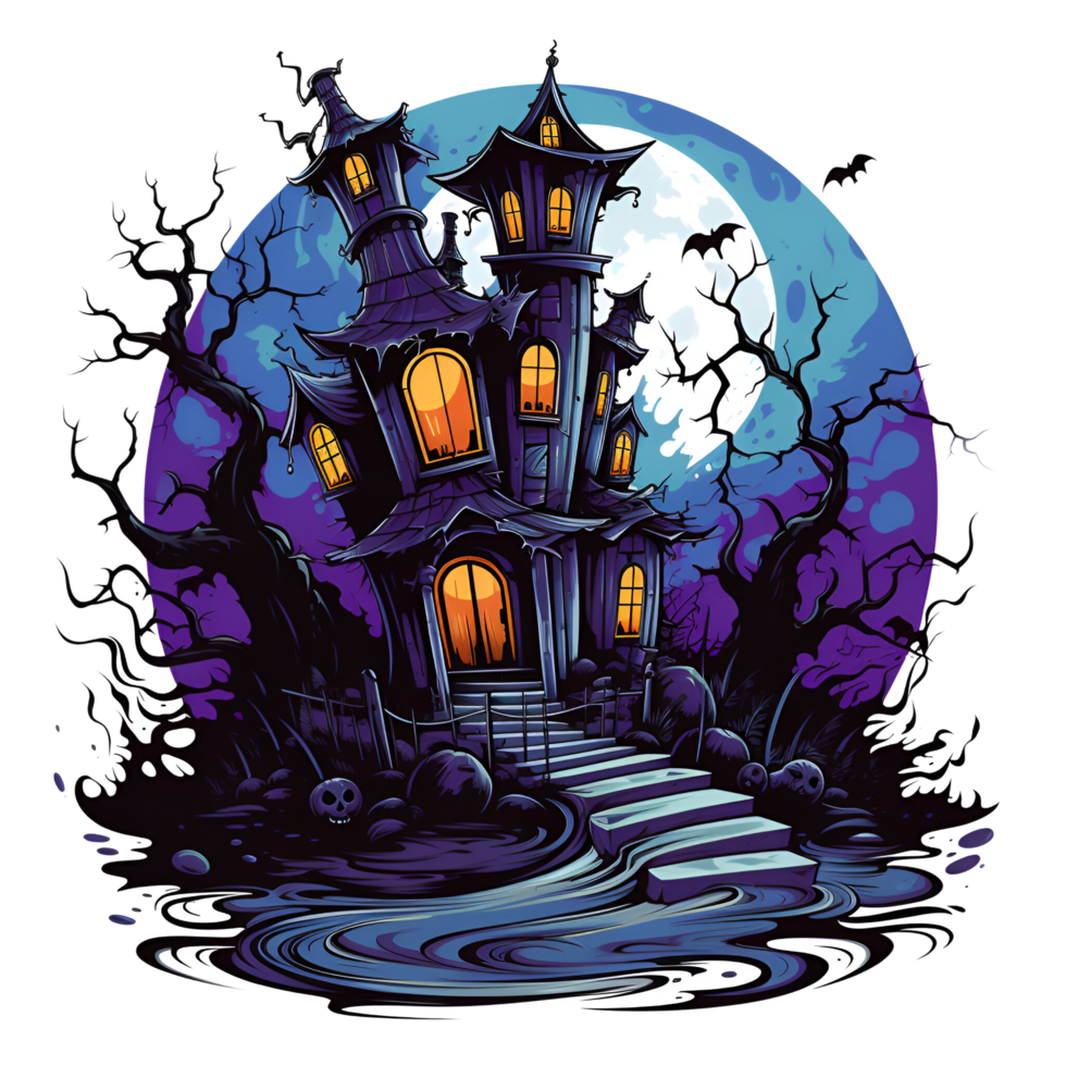 AI Generated Cartoon Style Halloween Haunted House No Background Applicable to any context Perfect for Print on demand Merchandise png