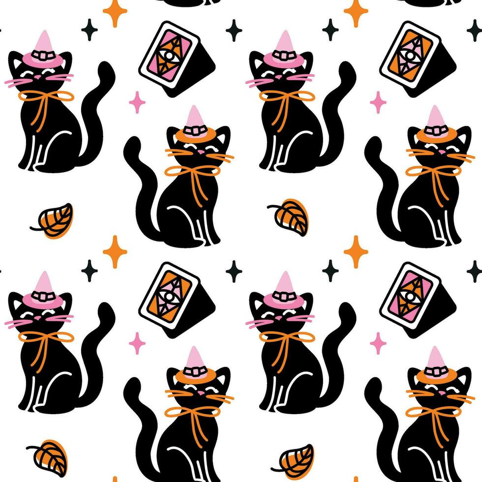 Magic cat in a witch hat. Halloween character. Childish print. Seamless pattern. Vector. vector