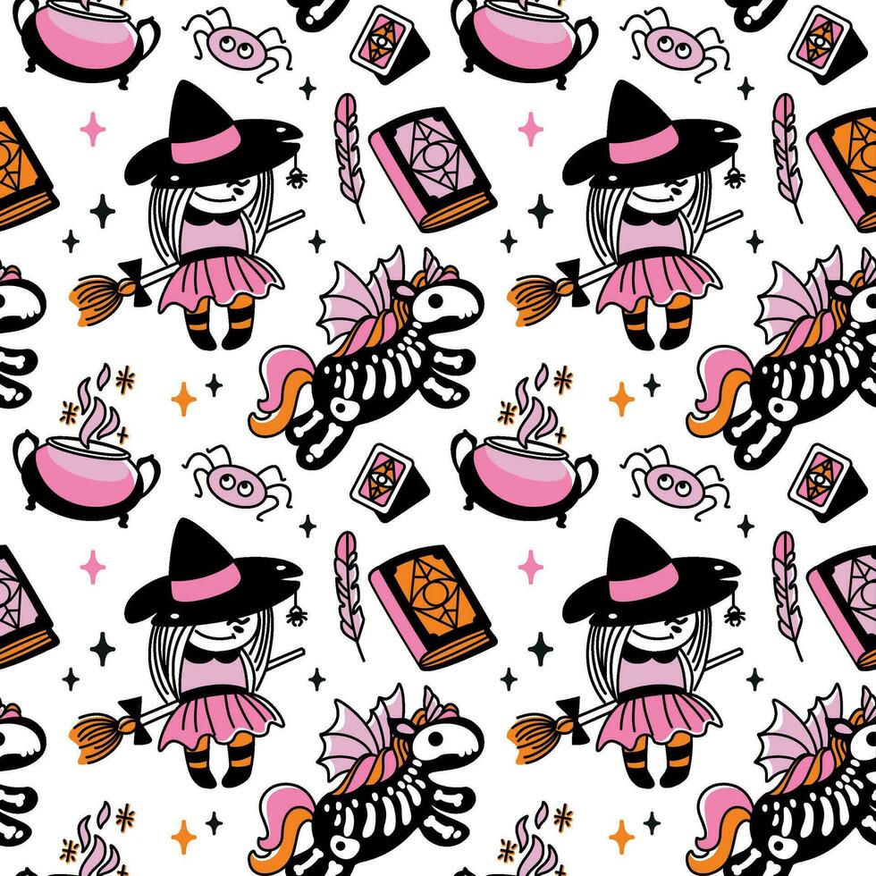 Little girl in a witch costume. Halloween characters. Childish print. Seamless pattern. Vector. vector