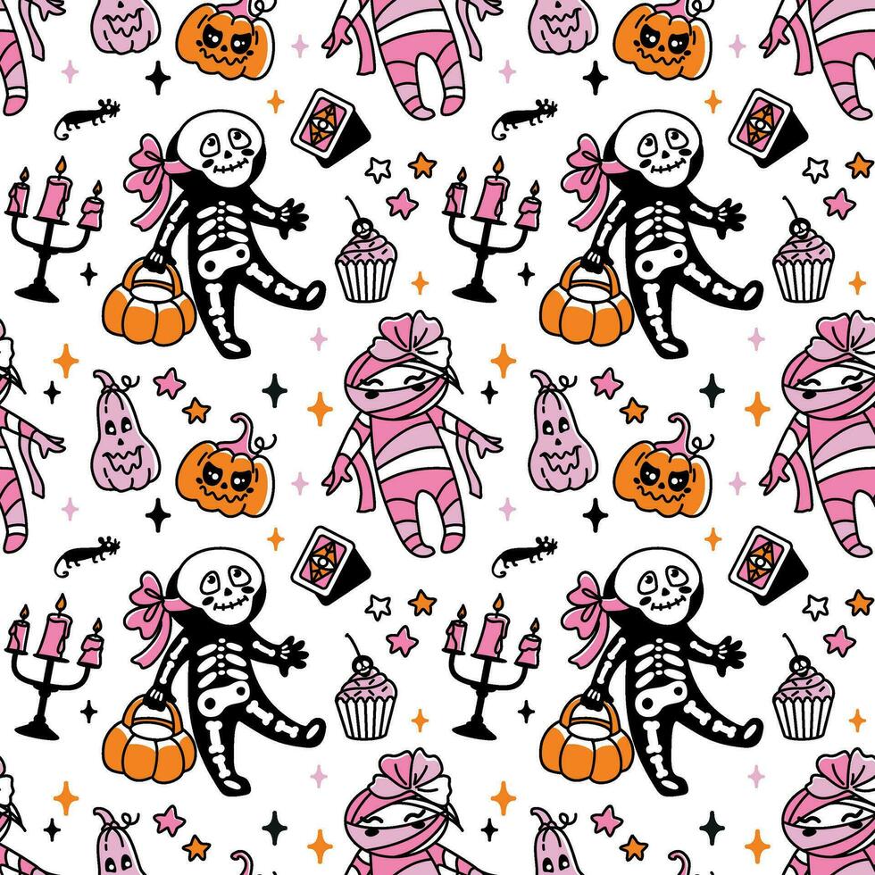 Cute skeleton, mummy, children's character on Halloween holiday. Seamless pattern. Vector. vector