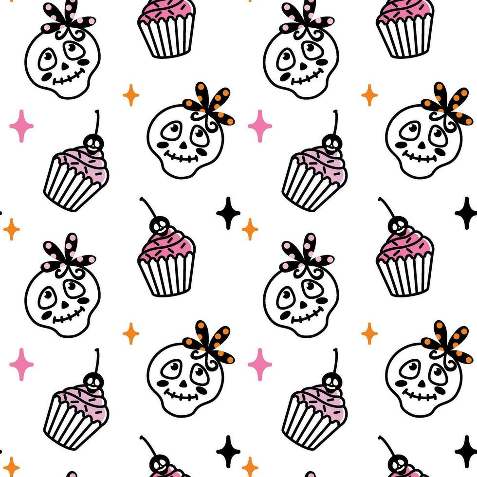 Halloween cupcakes and cute skulls. Seamless pattern for halloween
