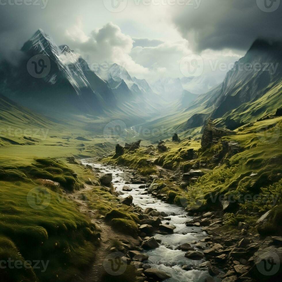 Beautiful landscape of mountains, flowing rivers and valleys in the highlands, great for websites, blogs, backdrops, business etc. Image from generative ai photo