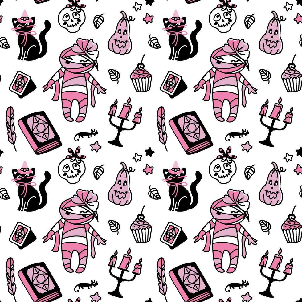 Halloween characters. Mummy, black cat, magical attributes. Fun children's print. Seamless pattern. vector