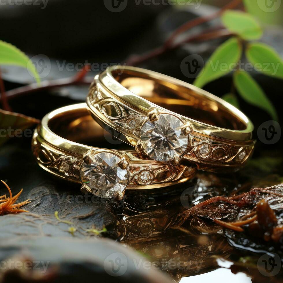 A pair of gold rings, romantic celebration design background at wedding, love. Ai generative concept photo