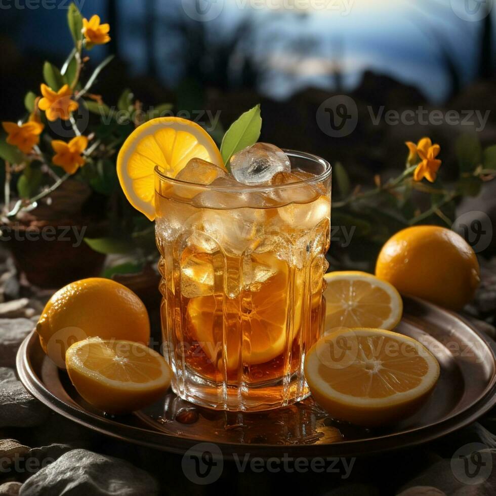 Lemon squeezed lifestyle healthy and diet drink on table, refreshing drink improves mood and prevents free radicals. Great for websites, businesses, social media etc. Ai generative image photo