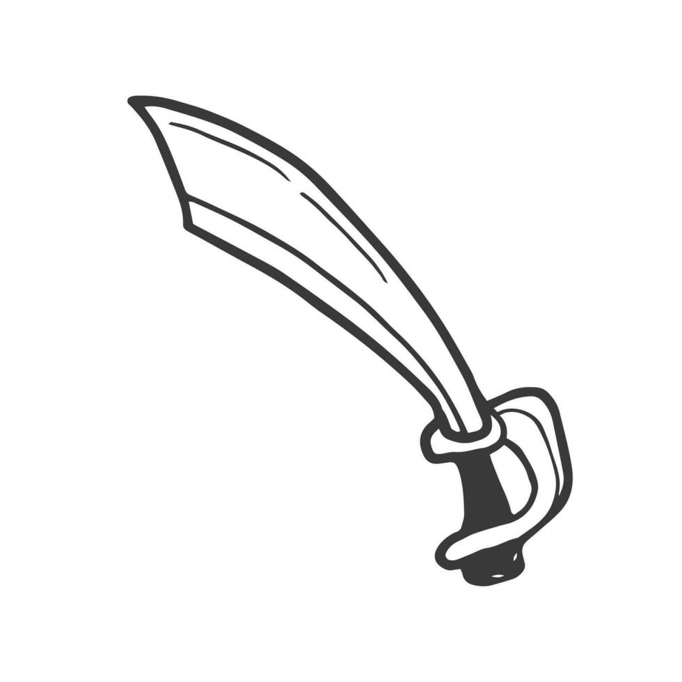 Pirate saber in doodle style. Medieval curved sword. Hand drawn vector illustration isolated on white background.