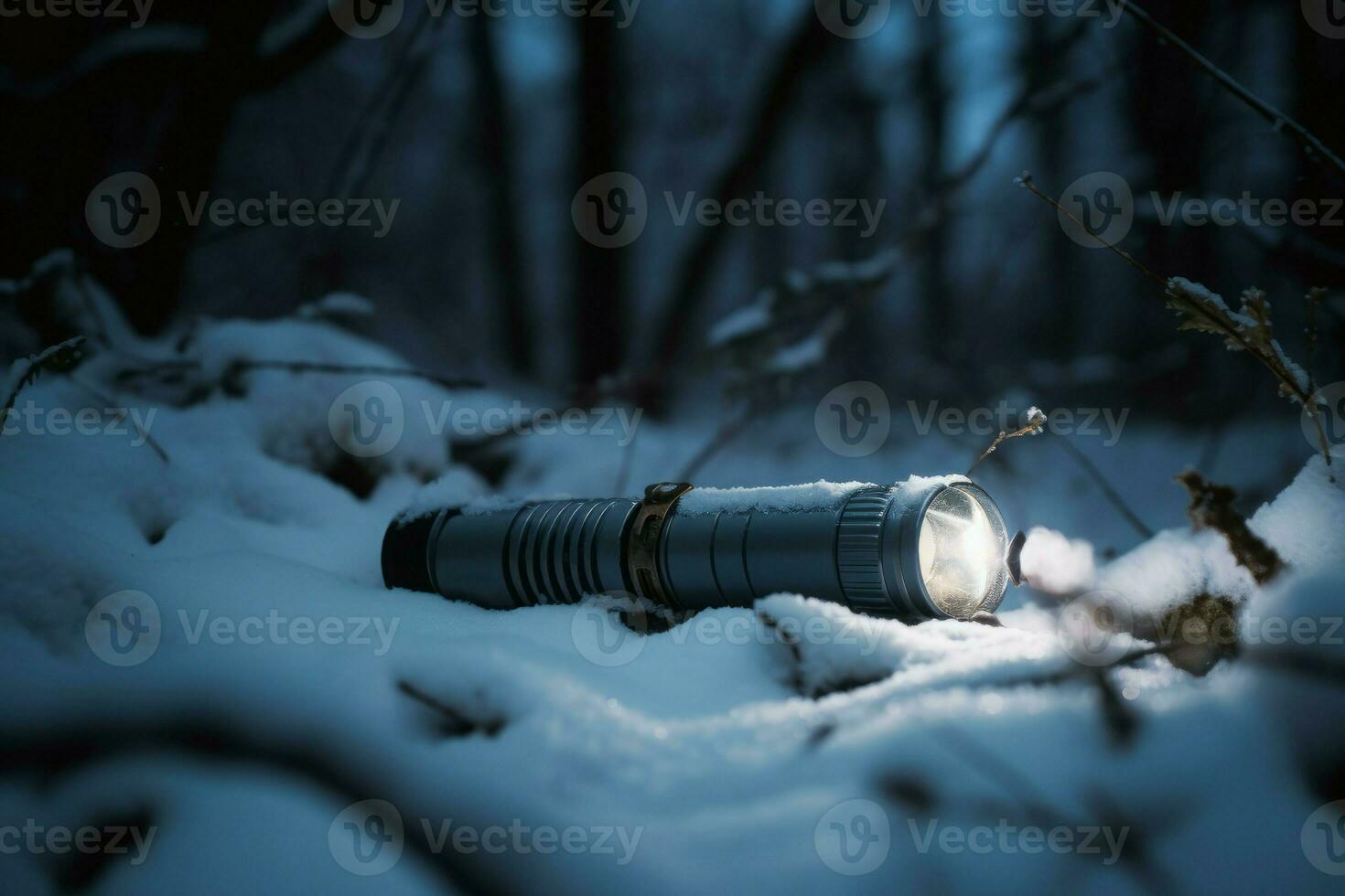 Flashlight snow forest. Generate Ai photo