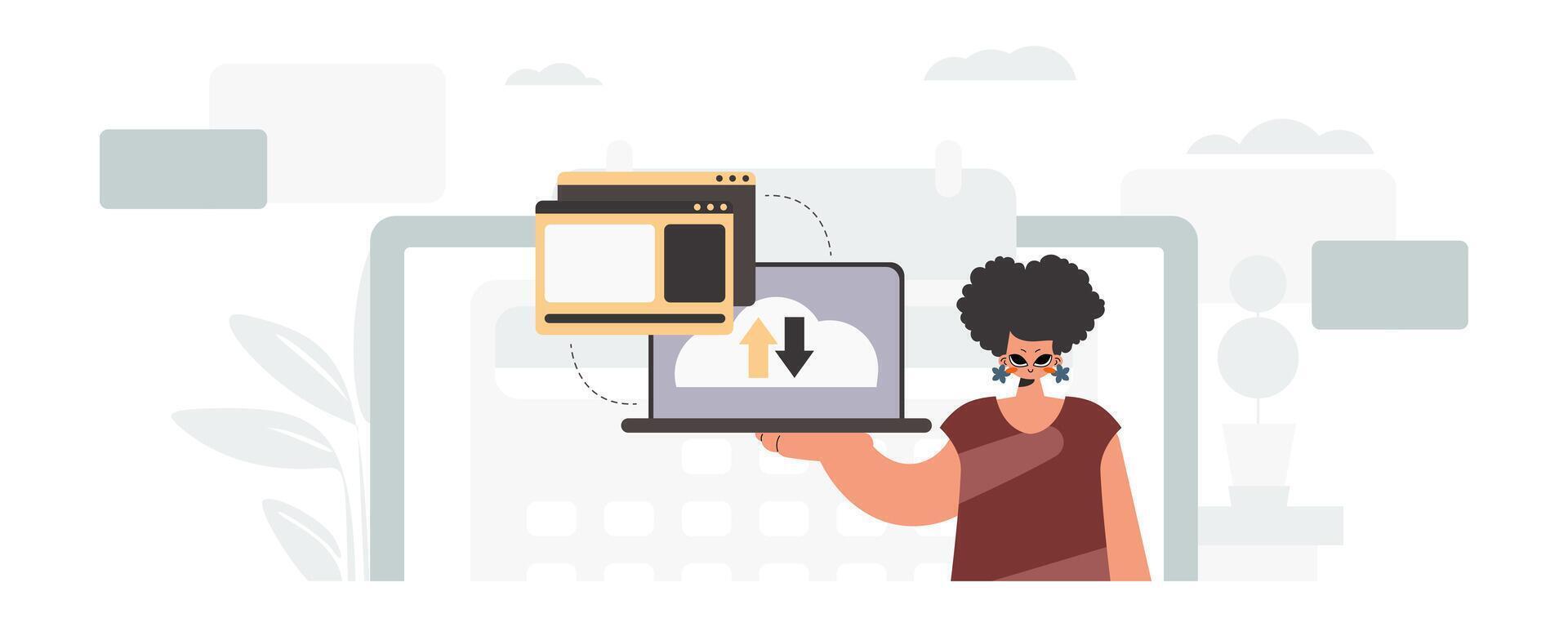 A woman holding a laptop and a tablet vector