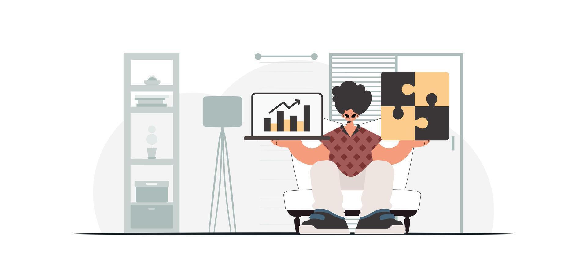 Man with laptop and puzzle pieces in his hands vector