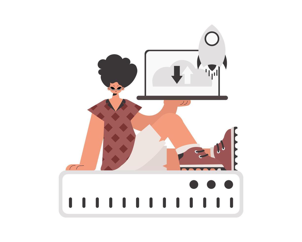 A woman sitting on top of a server with a laptop vector