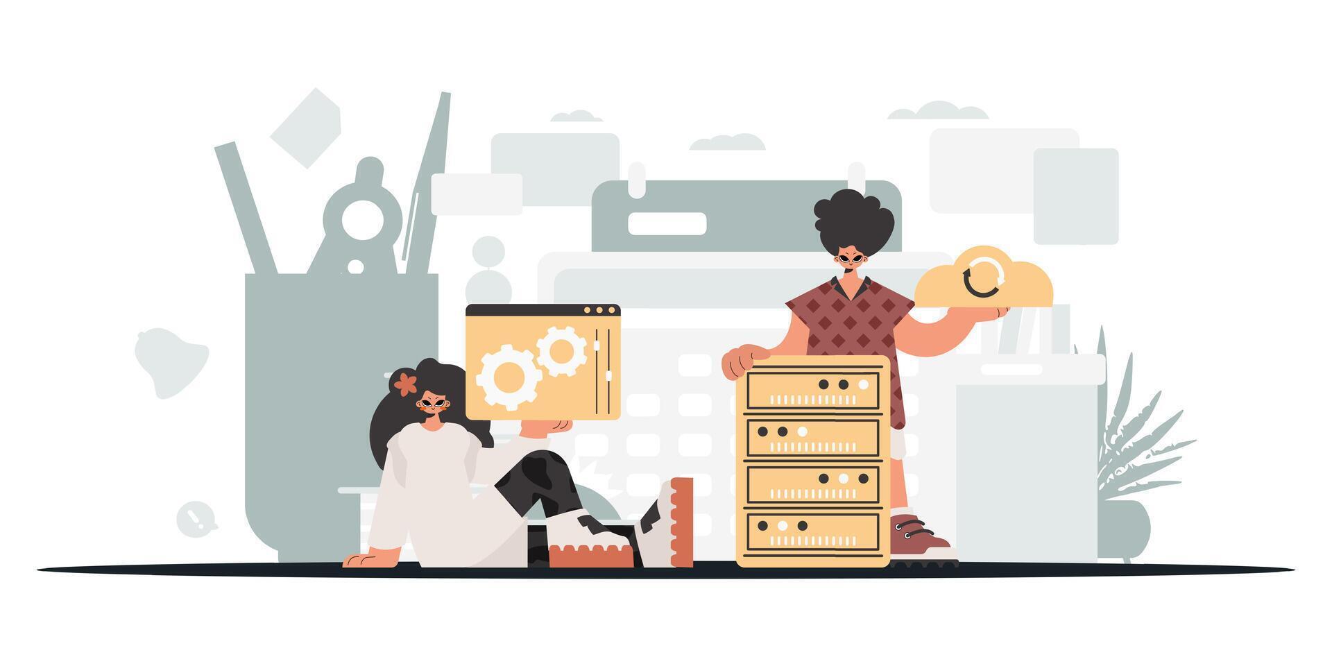 Two people are sitting on a chair and holding a box vector