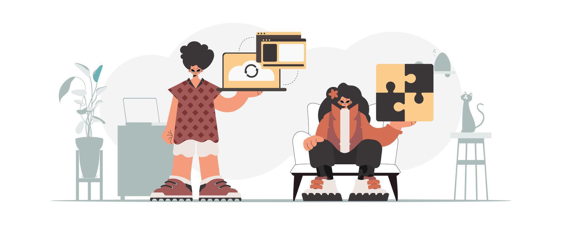 Two people are sitting on a chair and holding a puzzle piece vector