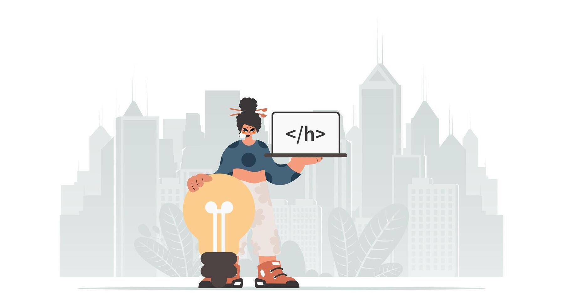A woman holding a laptop with the word html on it vector