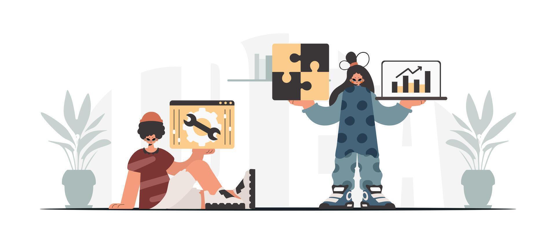 Two people are holding up pieces of puzzle vector