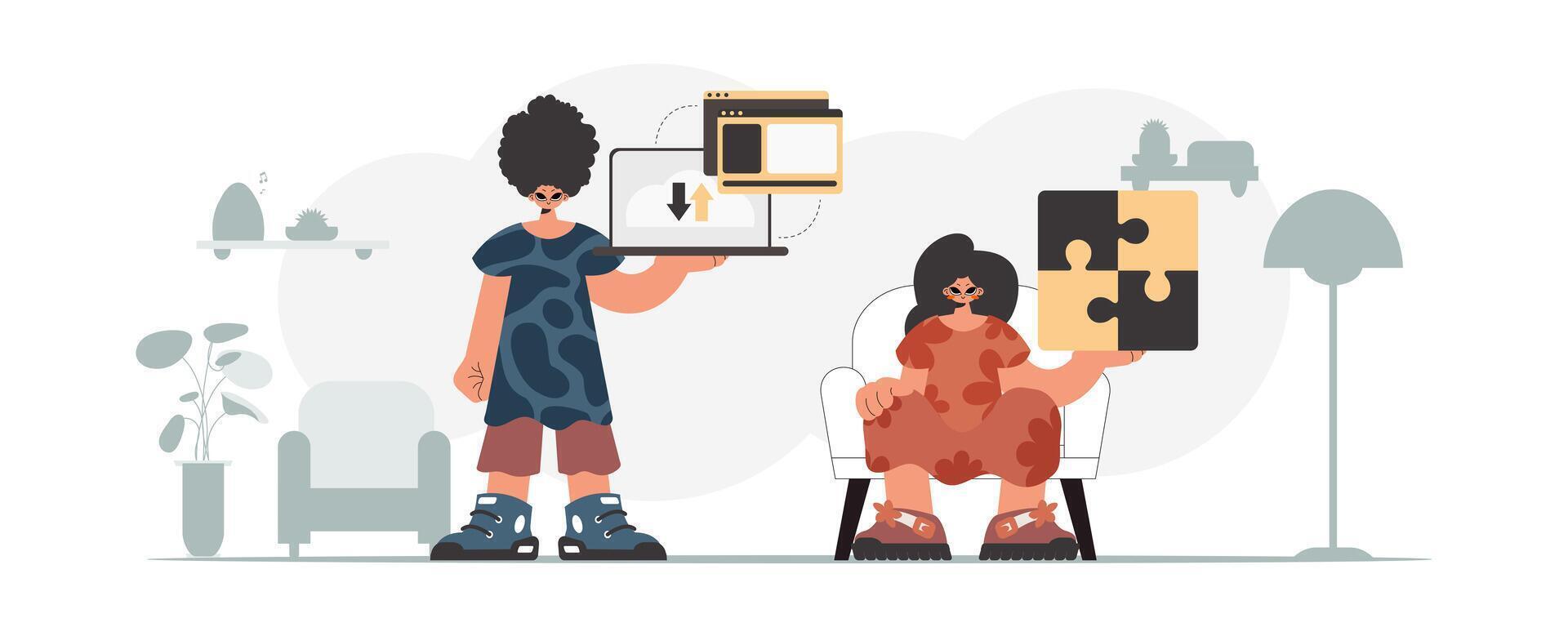 Two people are sitting in chairs and holding puzzles vector
