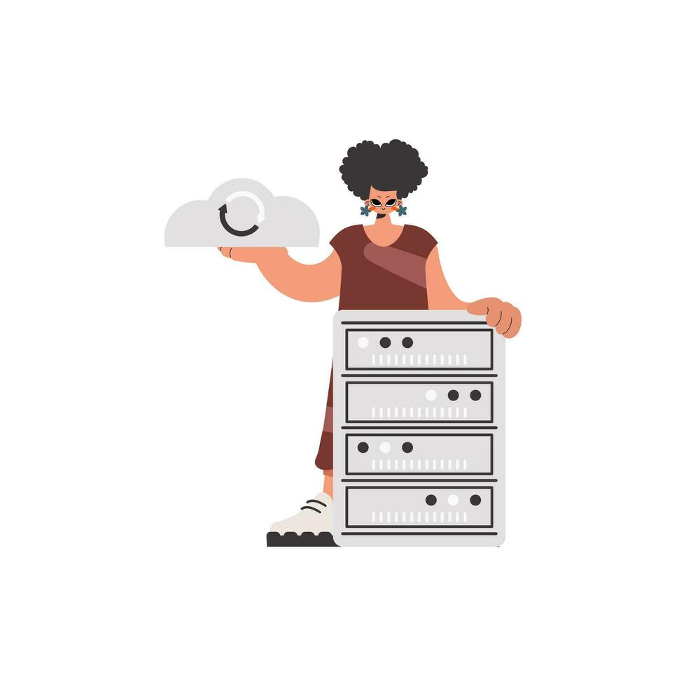 The excited lady is holding a information cloud and a server. Confined. Trendy style, Vector Illustration