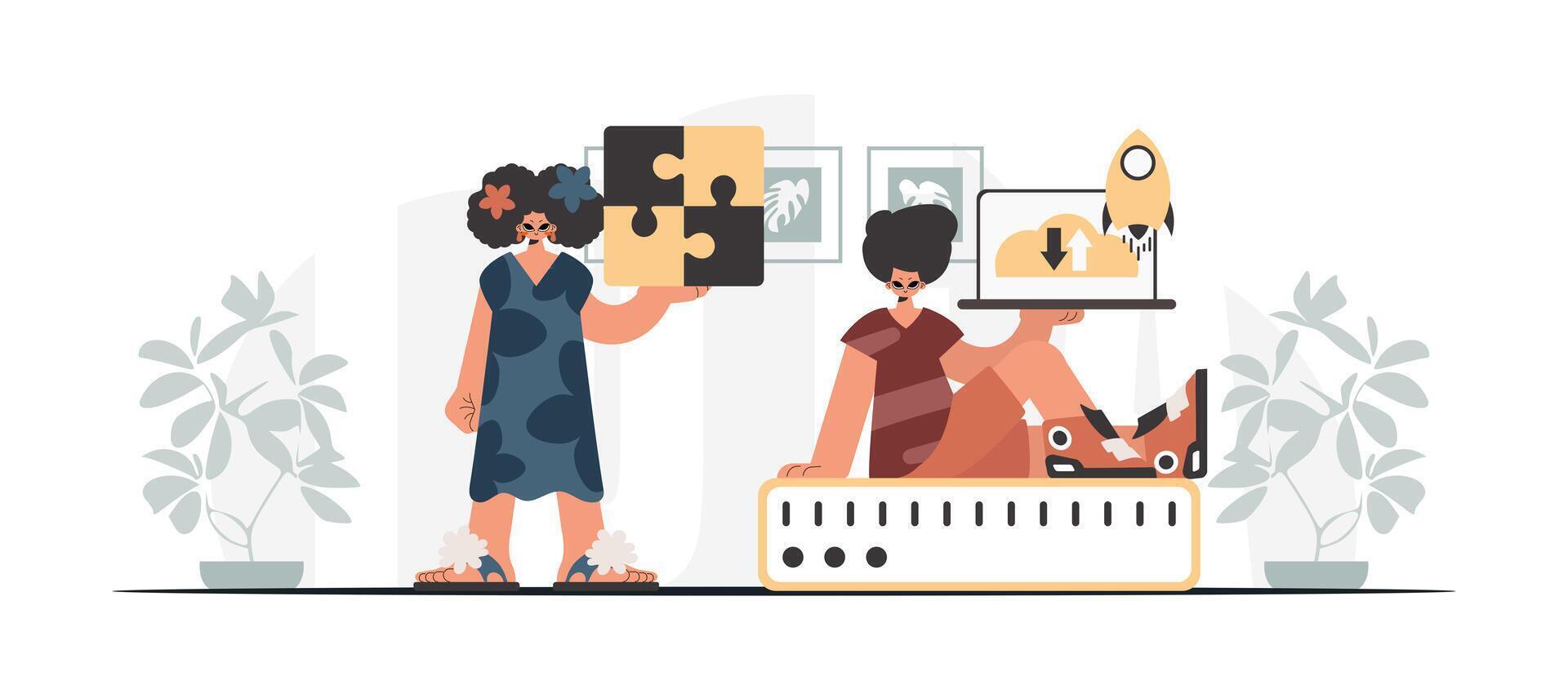 Two women are holding puzzle pieces and a laptop vector