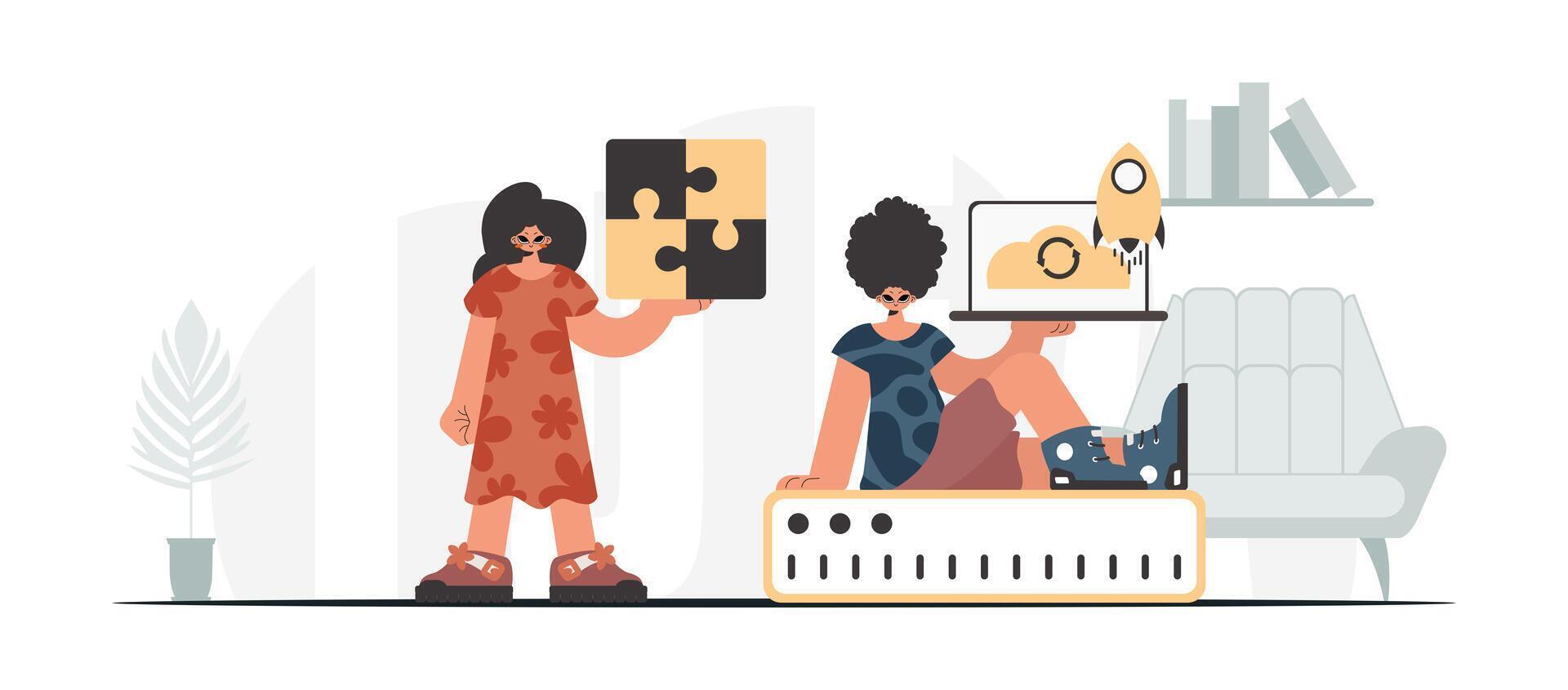 Two women are holding a computer and a laptop vector
